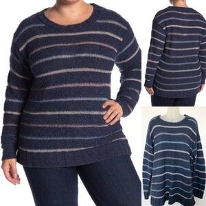 Susina Womens Navy Striped Crew Neck Plus Size Boucle Sweater Size 1X